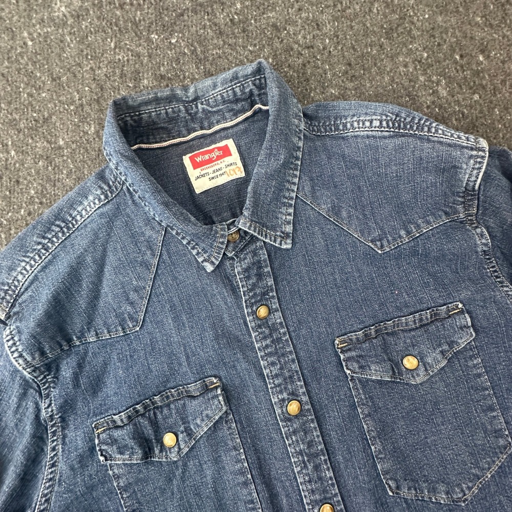 Wrangler Denim Shirt Mens L Blue Western Pearl Snap Long Sleeve Cowboy Stretch